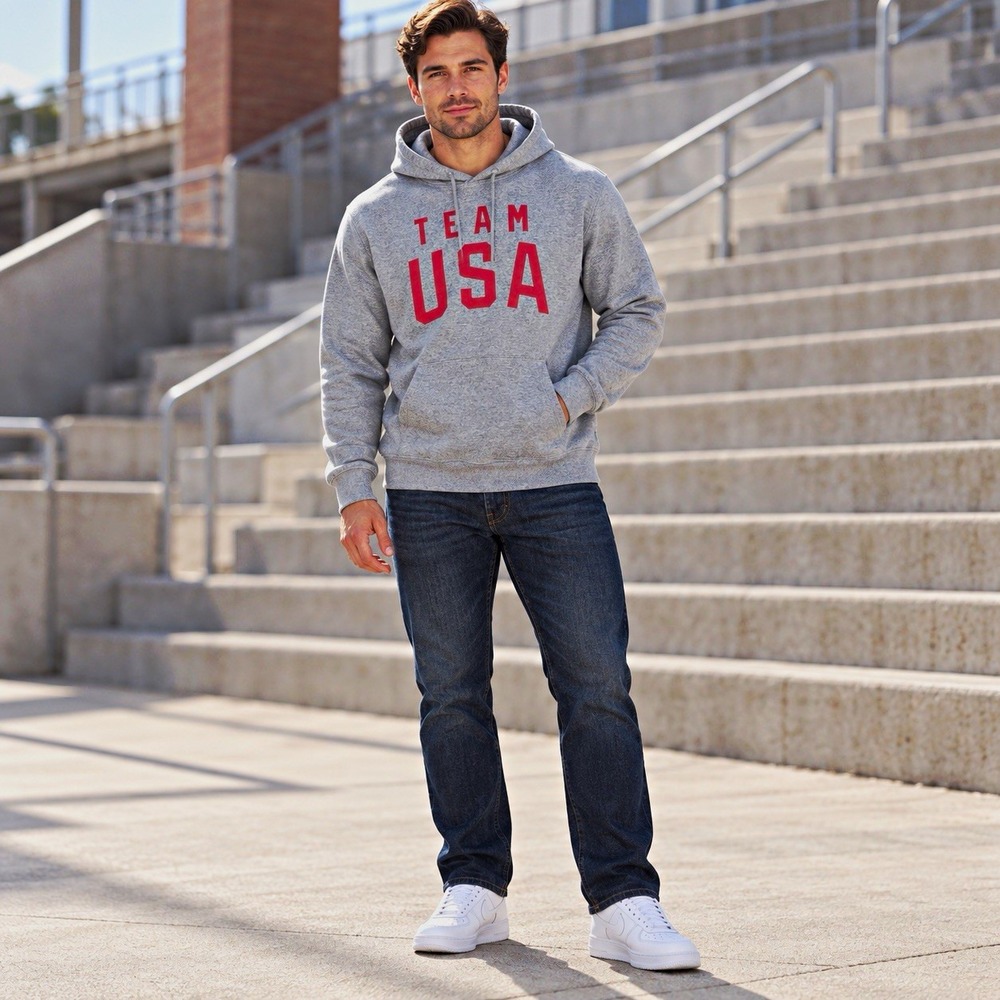Team USA Hoodie Men’s Large Gray Red Spellout Pullover Sweatshirt Patriotic